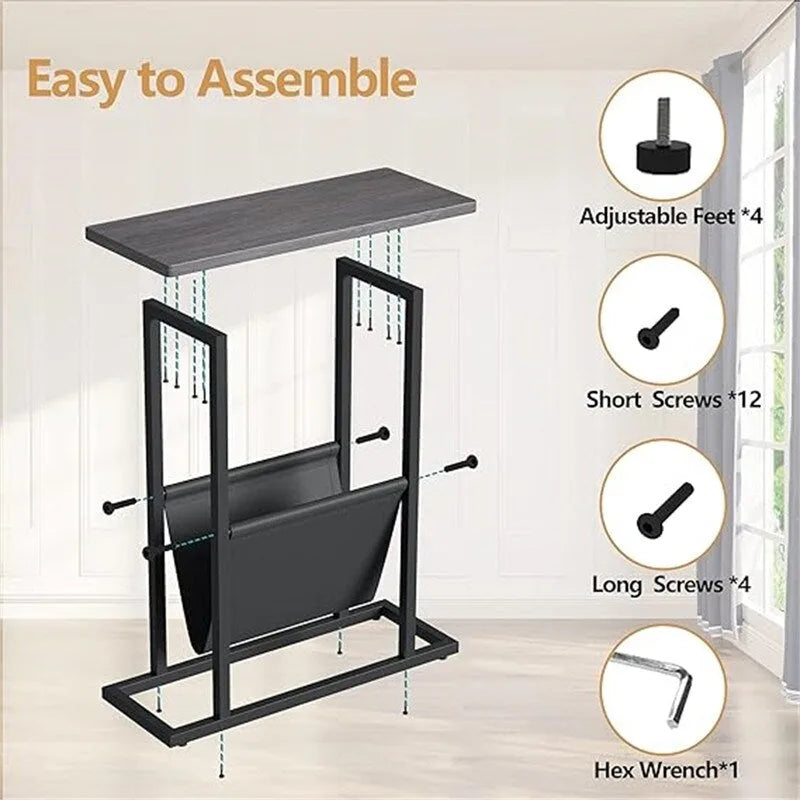 Table d'appoint étroite blanche / grise / noire / marron rustique avec sac de rangement, pour 1 personne