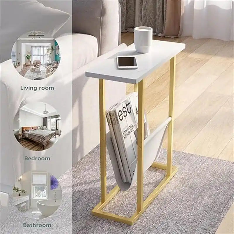 Table d'appoint étroite blanche / grise / noire / marron rustique avec sac de rangement, pour 1 personne