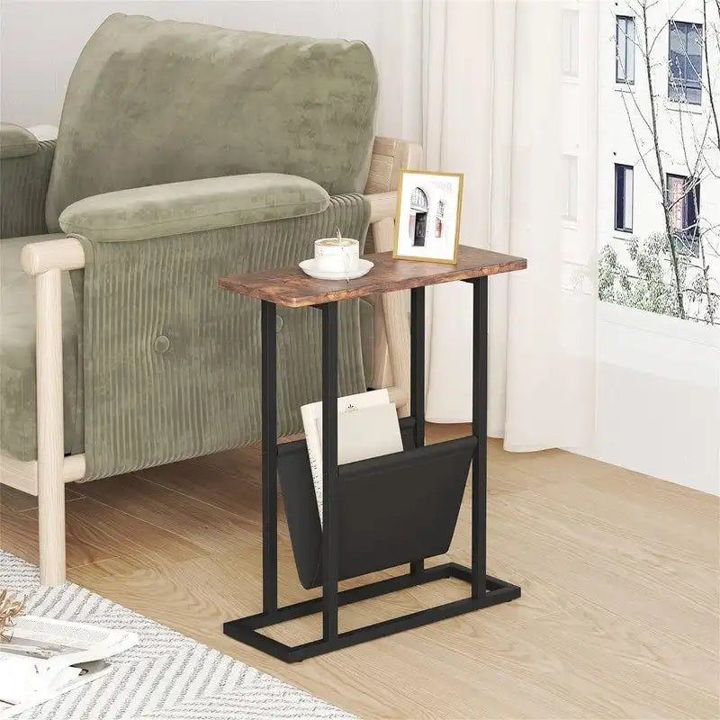 Table d'appoint étroite blanche / grise / noire / marron rustique avec sac de rangement, pour 1 personne