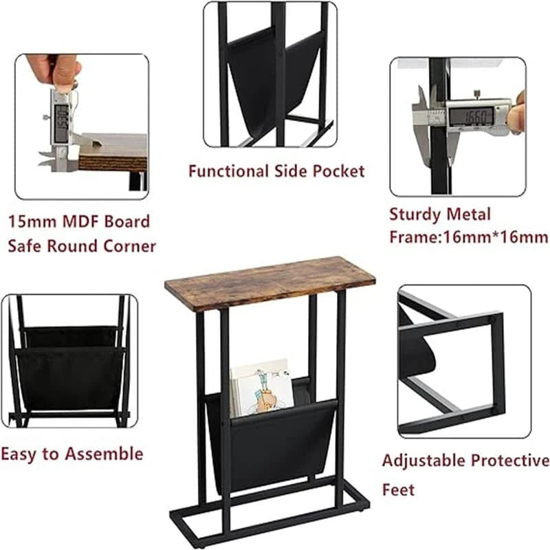 Table d'appoint étroite blanche / grise / noire / marron rustique avec sac de rangement, pour 1 personne