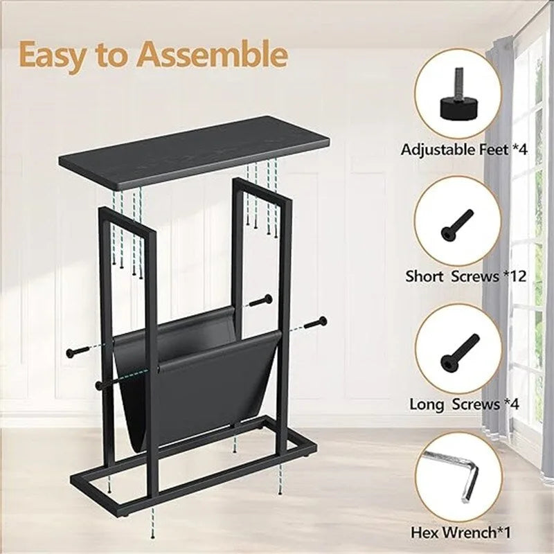 Table d'appoint étroite blanche / grise / noire / marron rustique avec sac de rangement, pour 1 personne