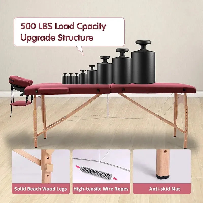 Table de massage pliante portable rose / bordeaux / crème / fuchsia / noire avec étui, simple