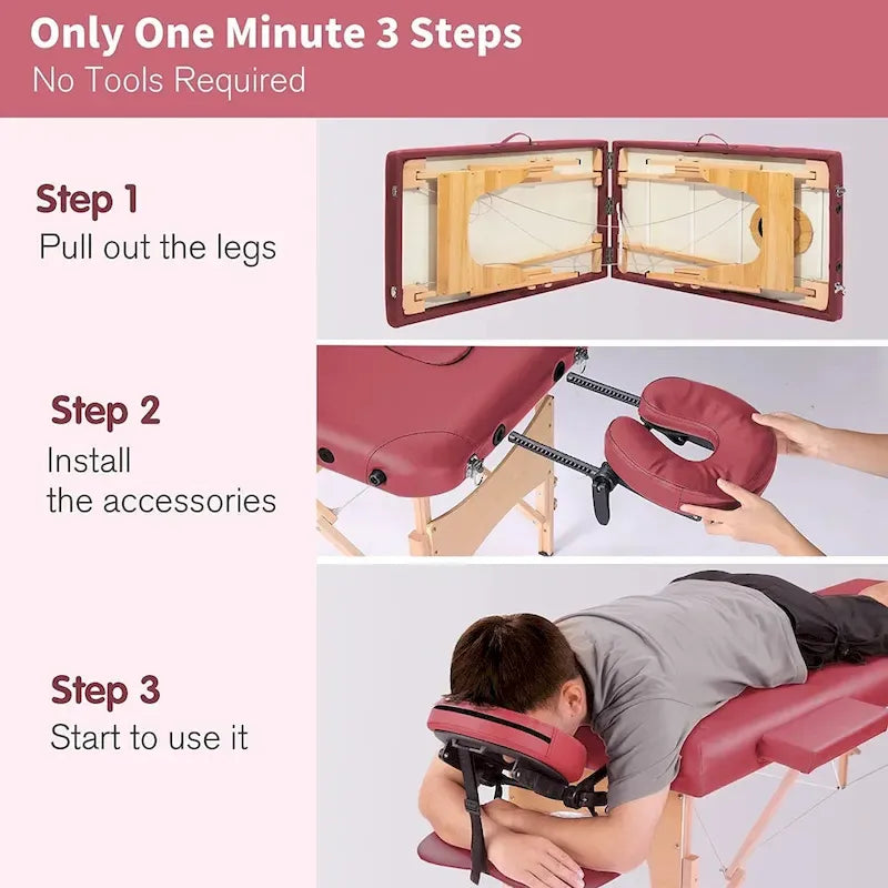 Table de massage pliante portable rose / bordeaux / crème / fuchsia / noire avec étui, simple