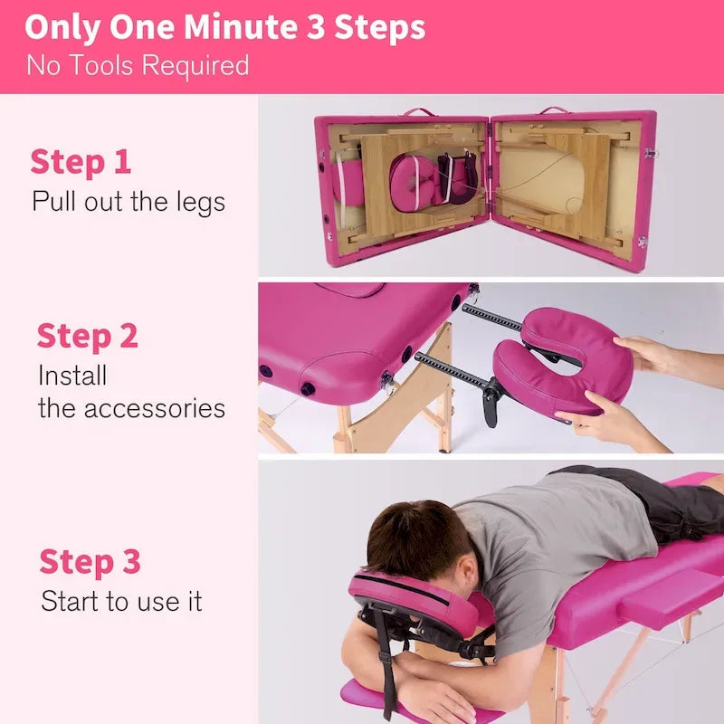 Table de massage pliante portable rose / bordeaux / crème / fuchsia / noire avec étui, simple