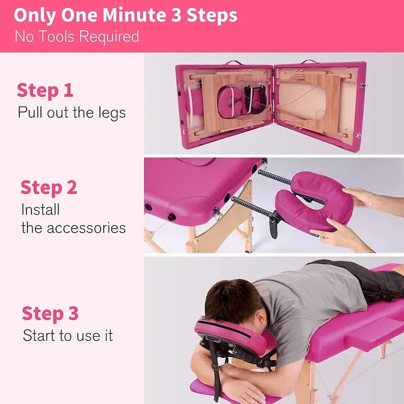 Table de massage pliante portable rose / bordeaux / crème / fuchsia / noire avec étui, simple