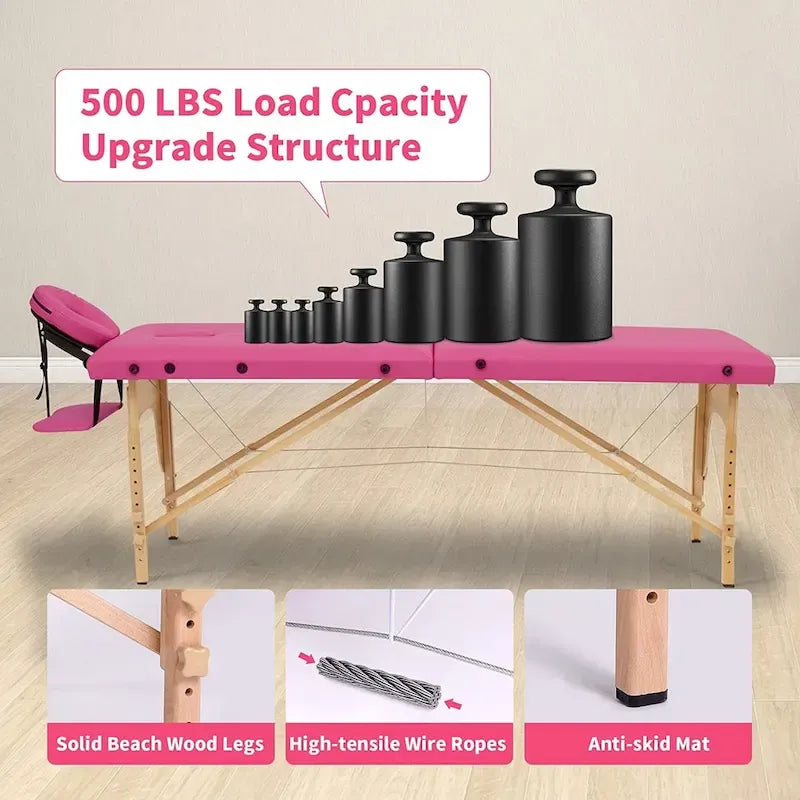 Table de massage pliante portable rose / bordeaux / crème / fuchsia / noire avec étui, simple
