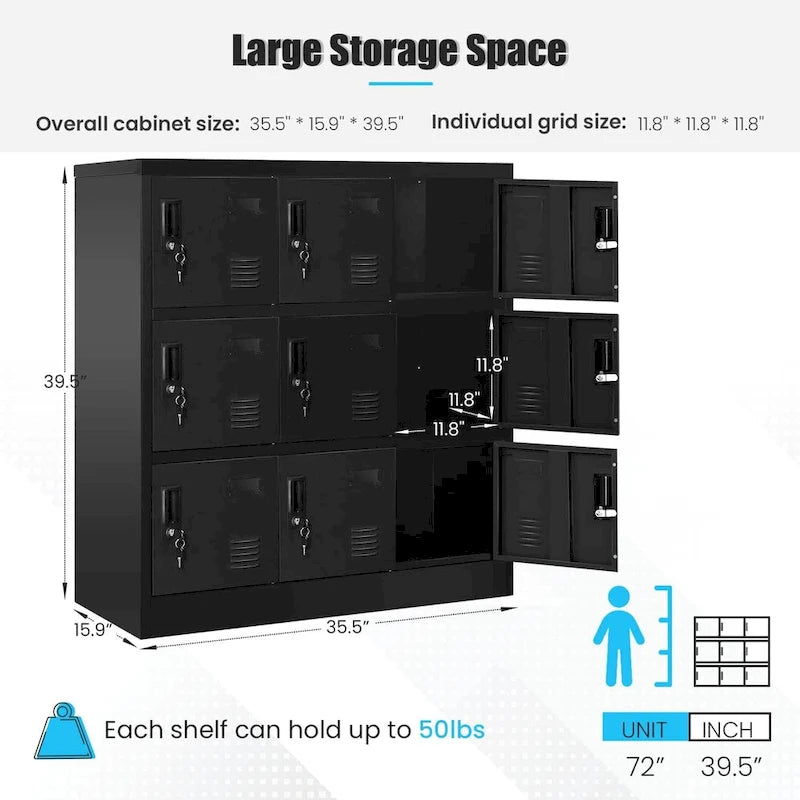 Casier de rangement métallique à 9 portes, Noir/Gris, Multi-utilisateurs