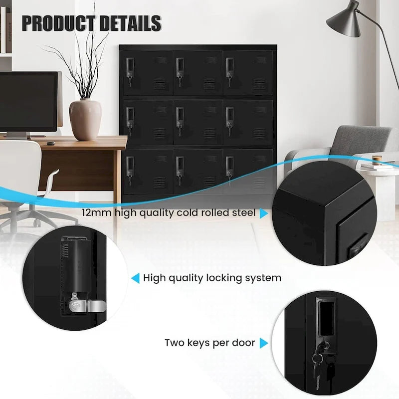 Casier de rangement métallique à 9 portes, Noir/Gris, Multi-utilisateurs