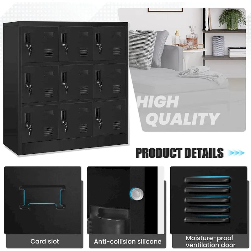 Casier de rangement métallique à 9 portes, Noir/Gris, Multi-utilisateurs