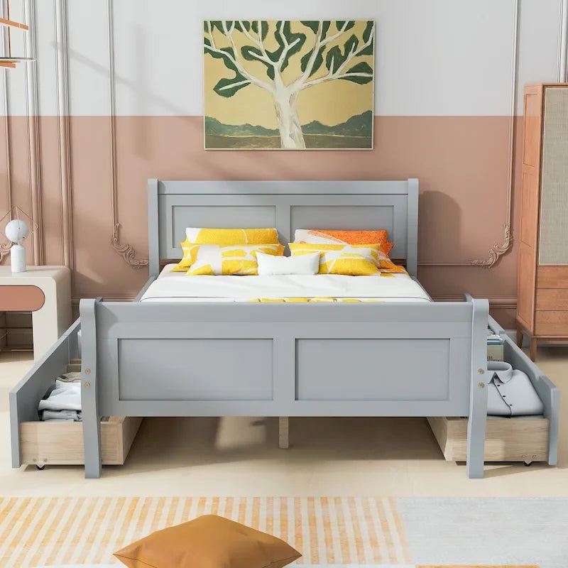 Lit double plateforme en bois avec 4 tiroirs Chêne / Blanc / Gris / Espresso, Pour 1