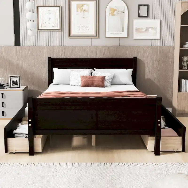 Lit double plateforme en bois avec 4 tiroirs Chêne / Blanc / Gris / Espresso, Pour 1