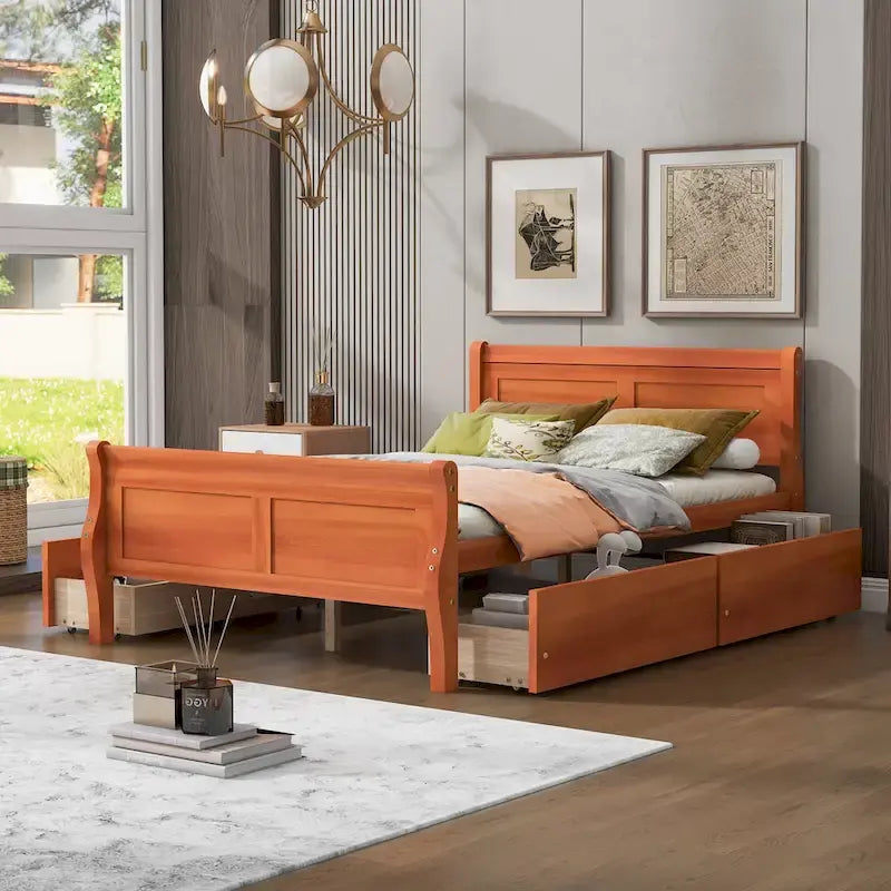 Lit double plateforme en bois avec 4 tiroirs Chêne / Blanc / Gris / Espresso, Pour 1