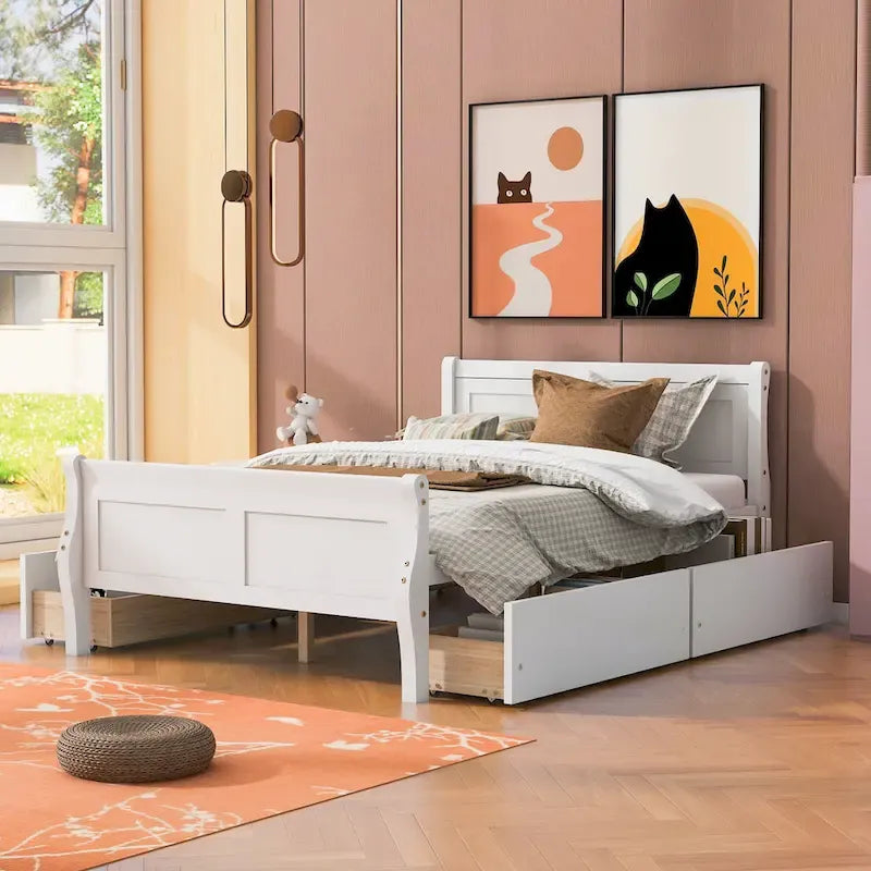 Lit double plateforme en bois avec 4 tiroirs Chêne / Blanc / Gris / Espresso, Pour 1