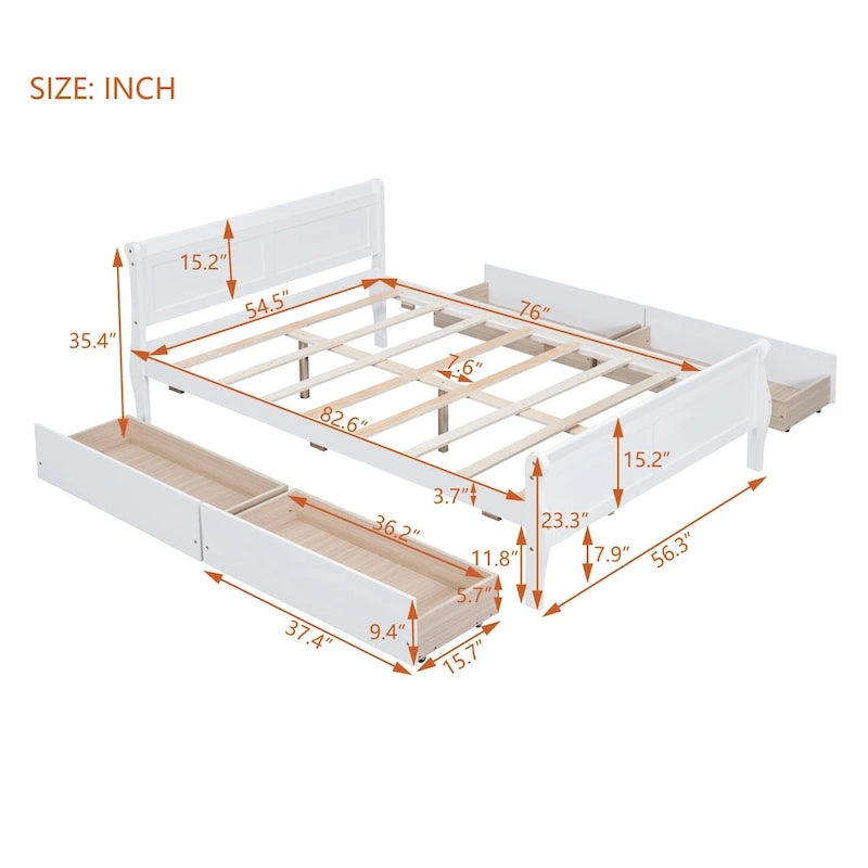 Lit double plateforme en bois avec 4 tiroirs Chêne / Blanc / Gris / Espresso, Pour 1