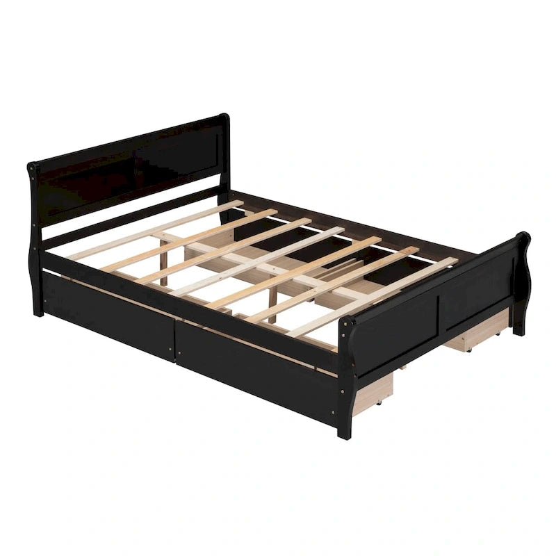 Lit double plateforme en bois avec 4 tiroirs Chêne / Blanc / Gris / Espresso, Pour 1