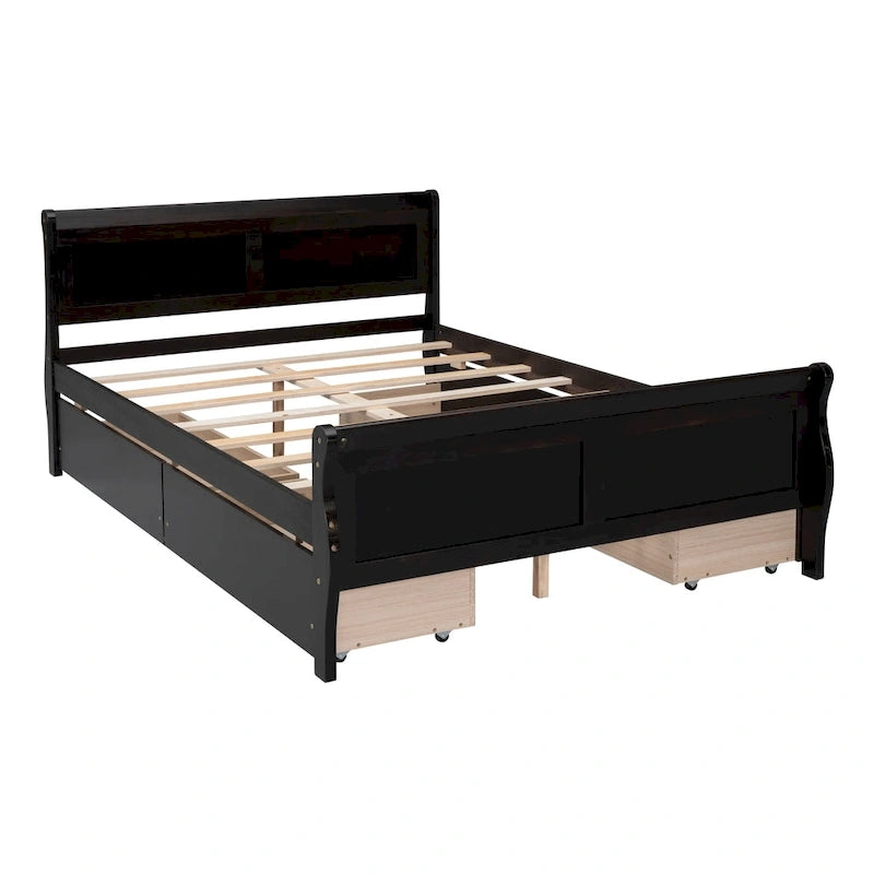 Lit double plateforme en bois avec 4 tiroirs Chêne / Blanc / Gris / Espresso, Pour 1