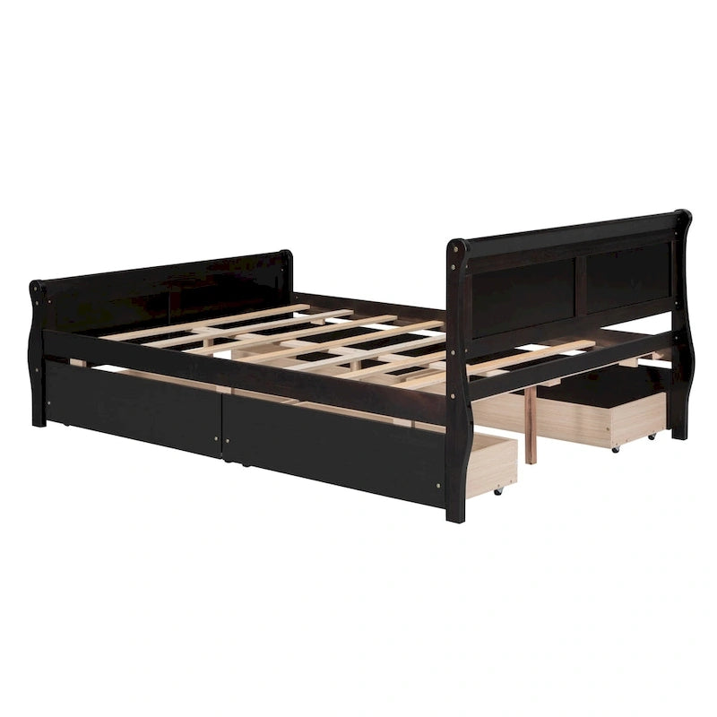 Lit double plateforme en bois avec 4 tiroirs Chêne / Blanc / Gris / Espresso, Pour 1