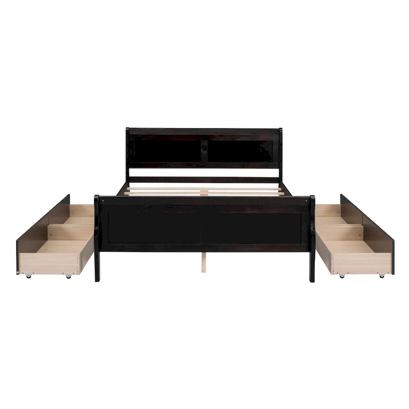 Lit double plateforme en bois avec 4 tiroirs Chêne / Blanc / Gris / Espresso, Pour 1