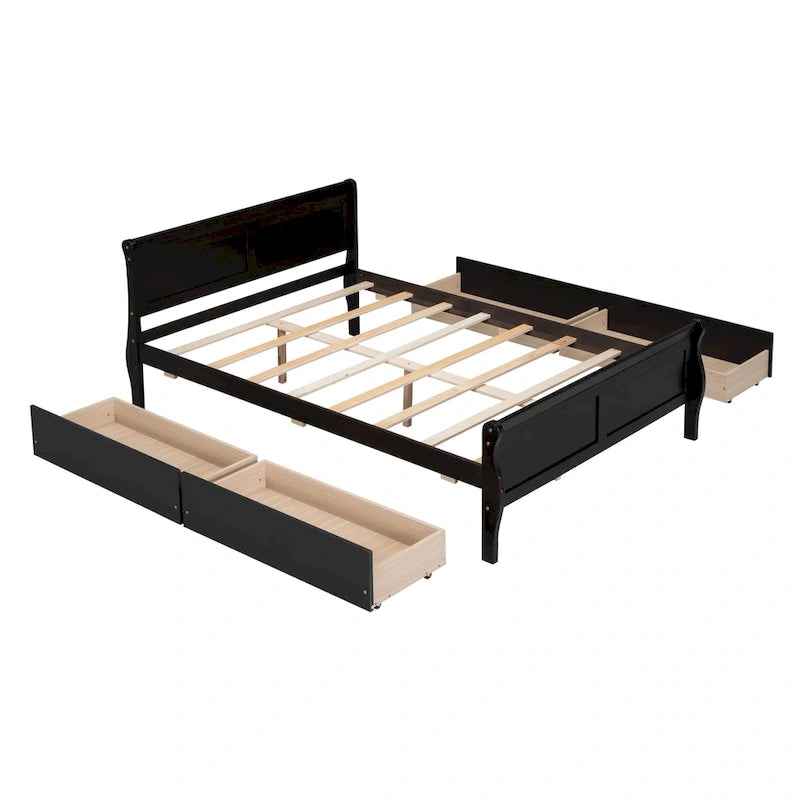 Lit double plateforme en bois avec 4 tiroirs Chêne / Blanc / Gris / Espresso, Pour 1