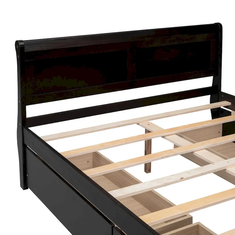 Lit double plateforme en bois avec 4 tiroirs Chêne / Blanc / Gris / Espresso, Pour 1