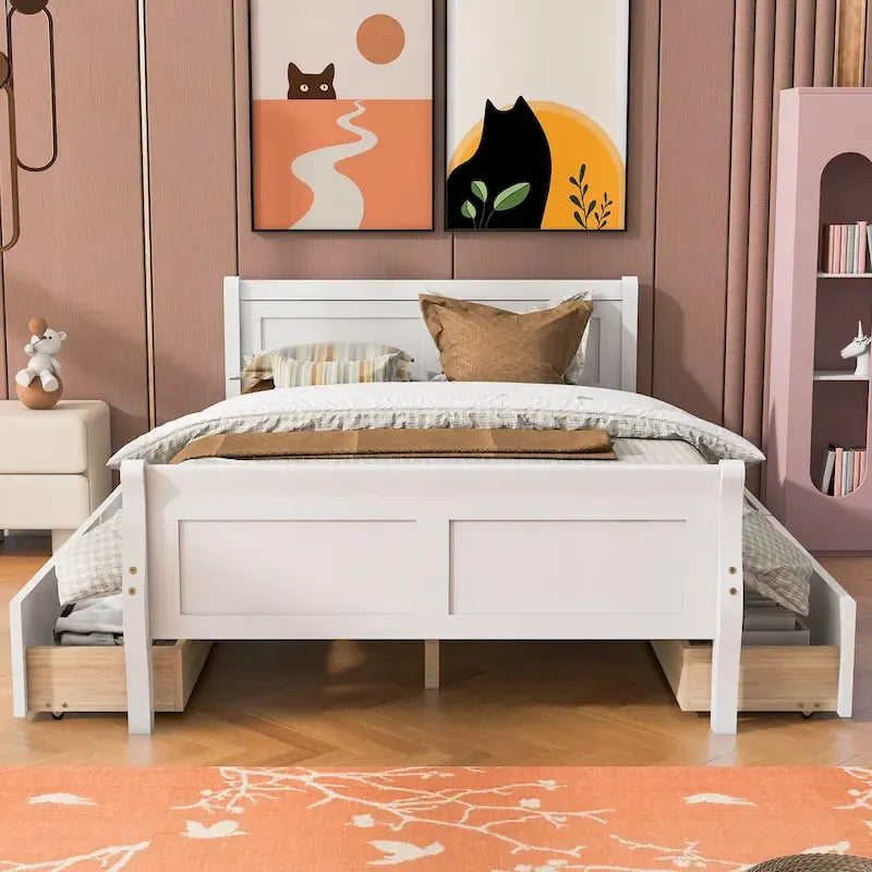 Lit double plateforme en bois avec 4 tiroirs Chêne / Blanc / Gris / Espresso, Pour 1