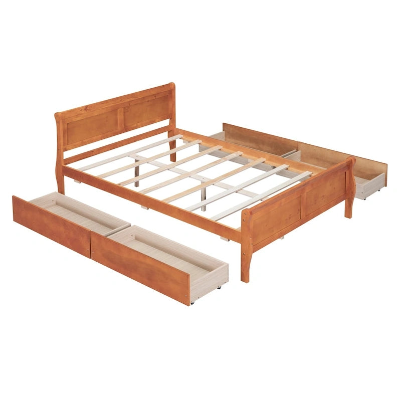 Lit double plateforme en bois avec 4 tiroirs Chêne / Blanc / Gris / Espresso, Pour 1