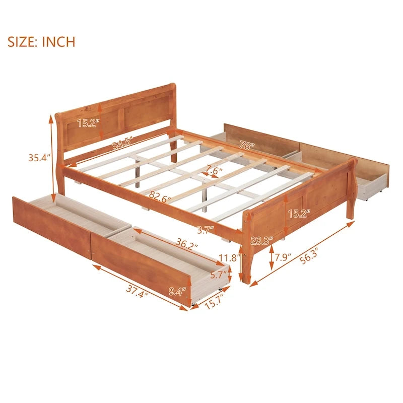 Lit double plateforme en bois avec 4 tiroirs Chêne / Blanc / Gris / Espresso, Pour 1