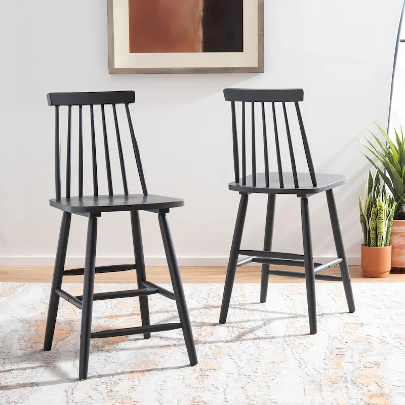 Tabouret de comptoir de ferme à dossier fuseau, noir/blanc/gris/naturel, lot de 2