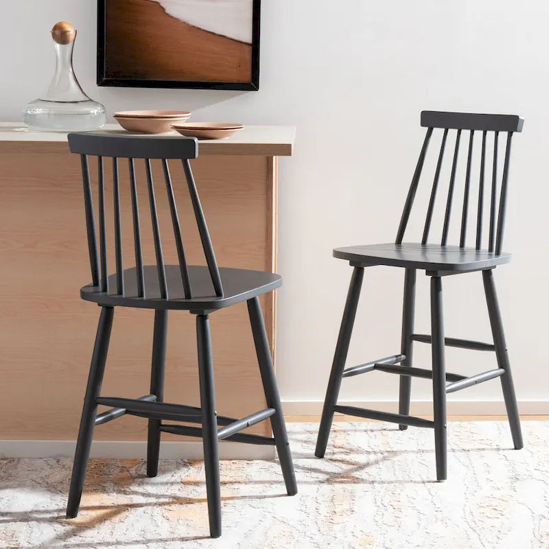 Tabouret de comptoir de ferme à dossier fuseau, noir/blanc/gris/naturel, lot de 2