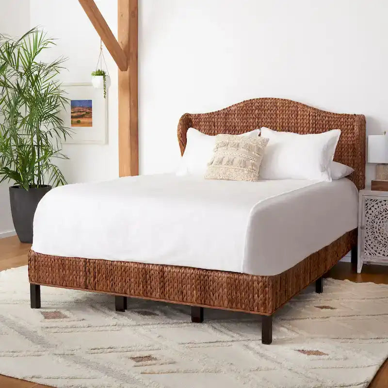 Structure de lit en rotin tressé Naturel/Espresso et Marron/Espresso – Grand lit (Full/Queen), 1 personne