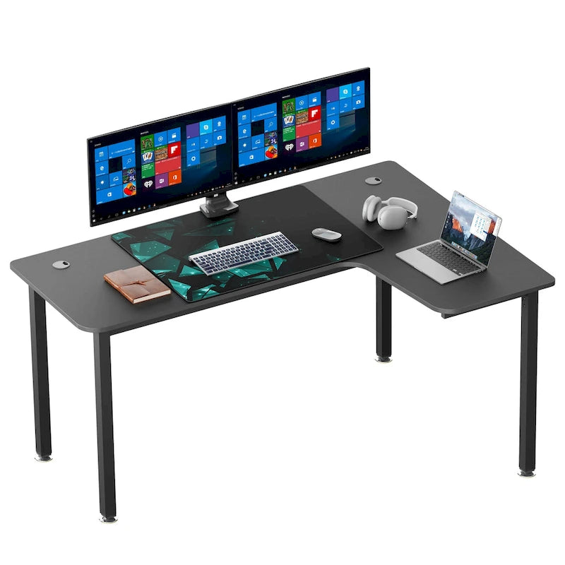 Bureau d'angle en L noir avec tapis de souris, pour une personne