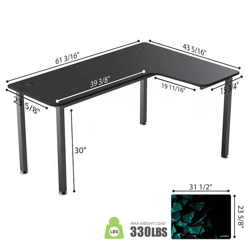 Bureau d'angle en L noir avec tapis de souris, pour une personne