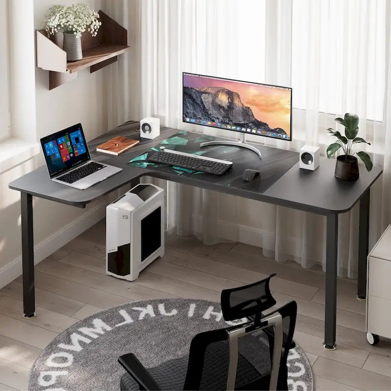 Bureau d'angle en L noir avec tapis de souris, pour une personne