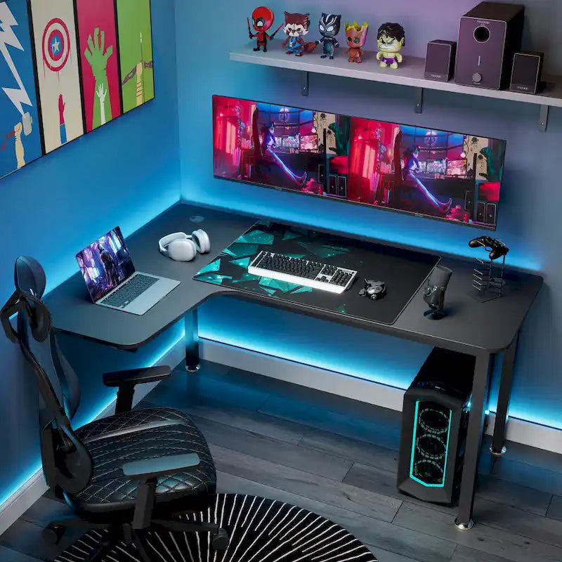 Bureau d'angle en L noir avec tapis de souris, pour une personne