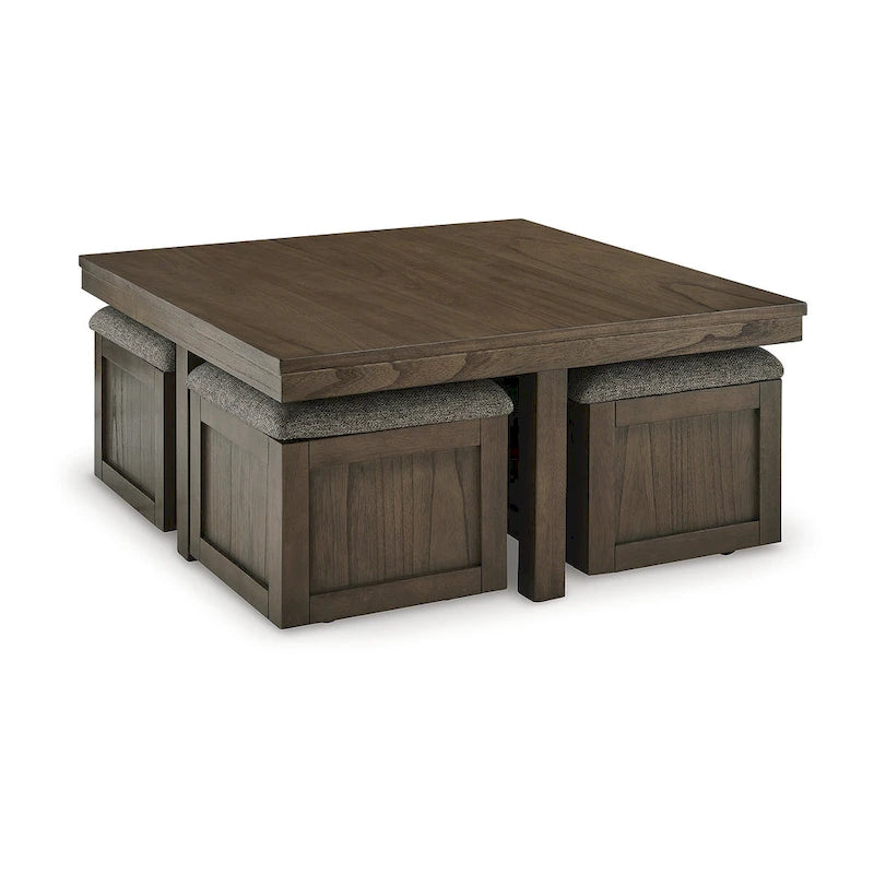 Table basse en placage brun avec 4 tabourets, 40L x 40P x 18H