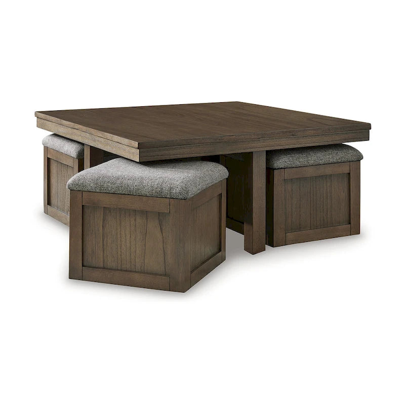 Table basse en placage brun avec 4 tabourets, 40L x 40P x 18H