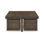 Table basse en placage brun avec 4 tabourets, 40L x 40P x 18H