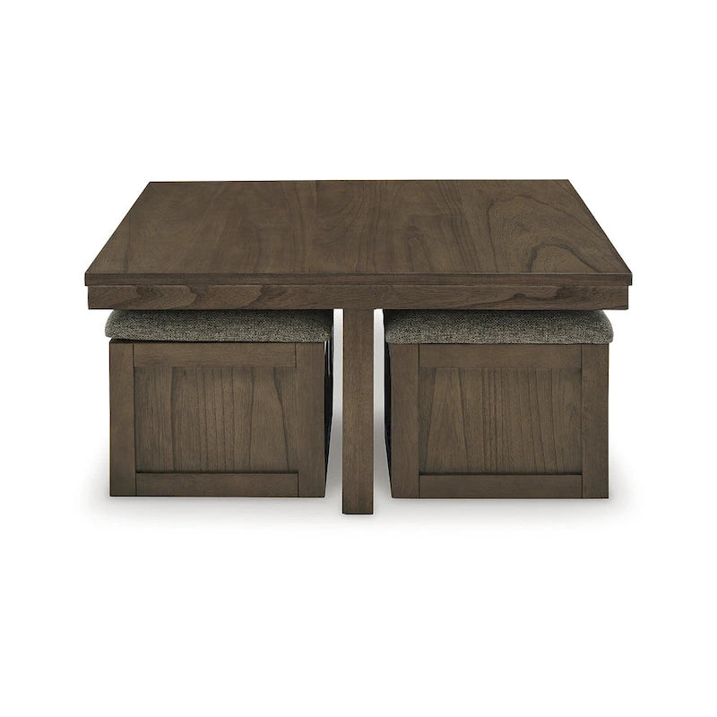 Table basse en placage brun avec 4 tabourets, 40L x 40P x 18H