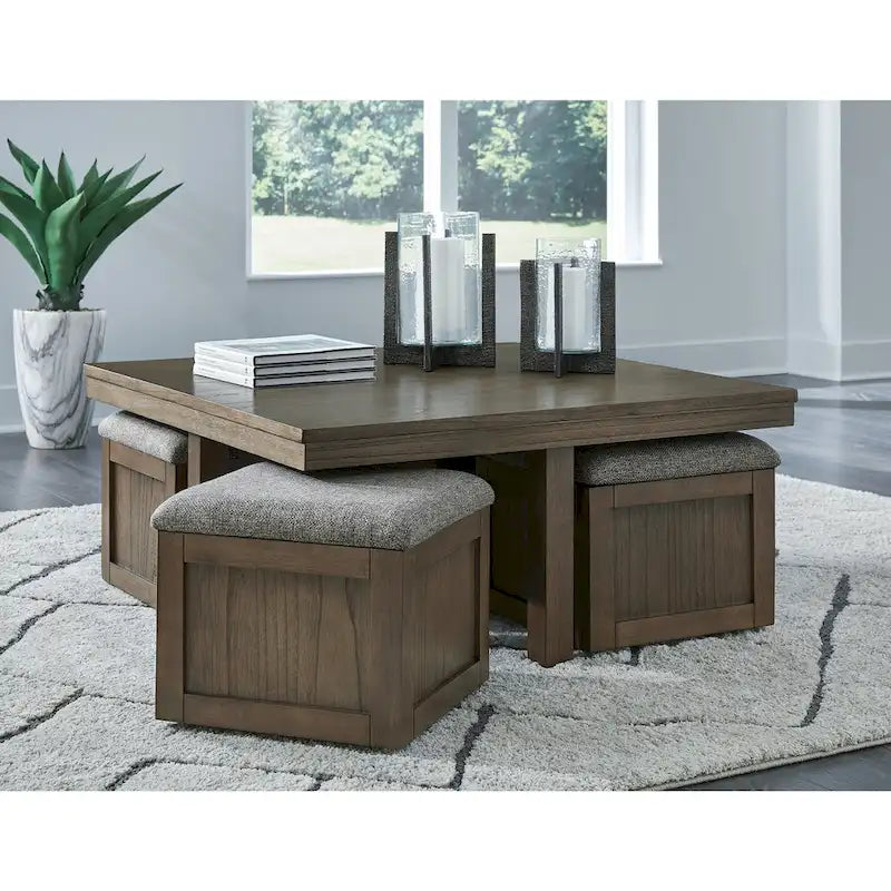 Table basse en placage brun avec 4 tabourets, 40L x 40P x 18H