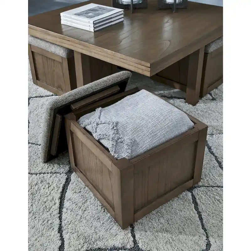 Table basse en placage brun avec 4 tabourets, 40L x 40P x 18H