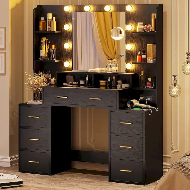 Coiffeuse avec plateau en verre et miroir éclairé, blanc/noir, simple
