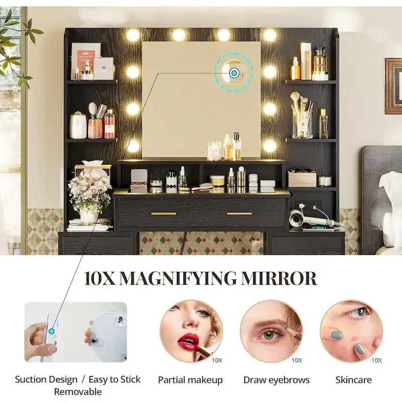 Coiffeuse avec plateau en verre et miroir éclairé, blanc/noir, simple