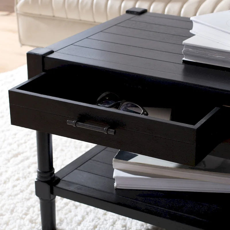 Table basse à étagère inférieure à 2 tiroirs – Blanc vieilli / Gris délavé / Noir / Marron