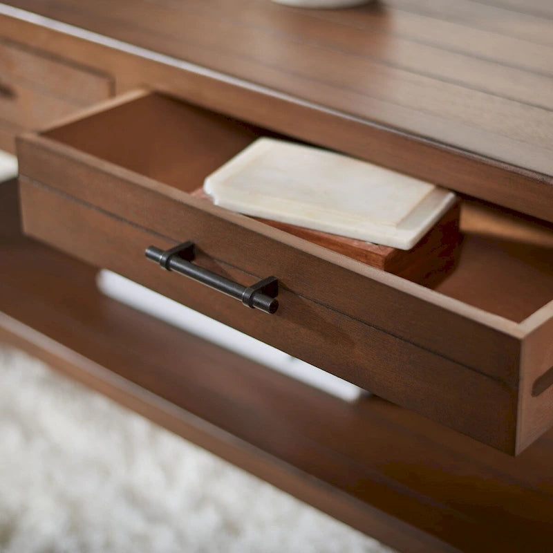Table basse à étagère inférieure à 2 tiroirs – Blanc vieilli / Gris délavé / Noir / Marron
