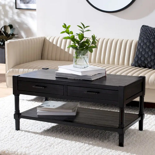 Table basse à étagère inférieure à 2 tiroirs – Blanc vieilli / Gris délavé / Noir / Marron