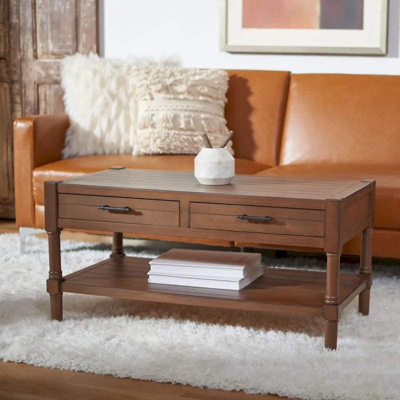 Table basse à étagère inférieure à 2 tiroirs – Blanc vieilli / Gris délavé / Noir / Marron