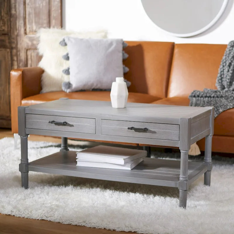 Table basse à étagère inférieure à 2 tiroirs – Blanc vieilli / Gris délavé / Noir / Marron
