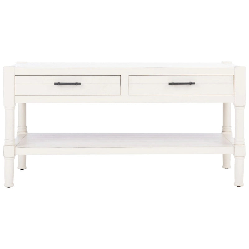 Table basse à étagère inférieure à 2 tiroirs – Blanc vieilli / Gris délavé / Noir / Marron