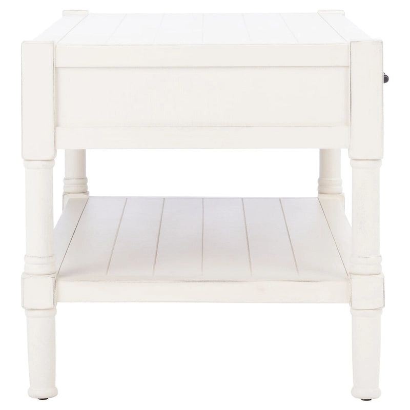 Table basse à étagère inférieure à 2 tiroirs – Blanc vieilli / Gris délavé / Noir / Marron