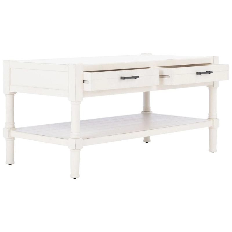 Table basse à étagère inférieure à 2 tiroirs – Blanc vieilli / Gris délavé / Noir / Marron